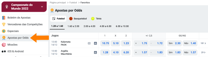 Apostas por Odds na Betano